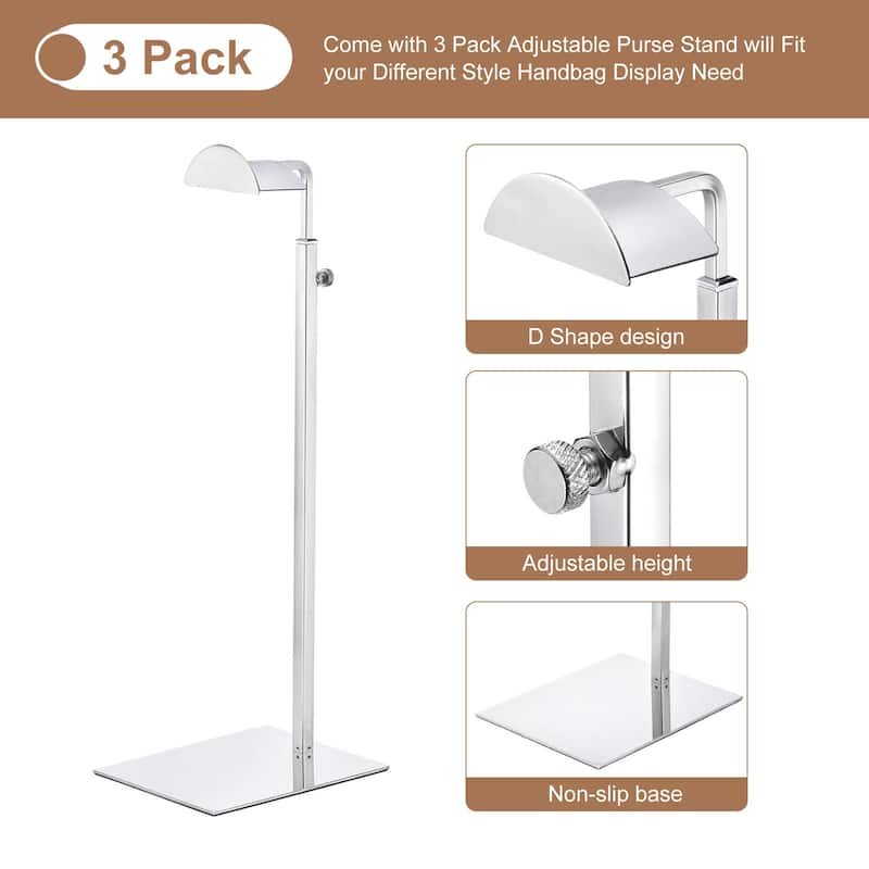 Purse Display Stand Set 3 Pack Metal Adjustable Handbag Rack - Silver