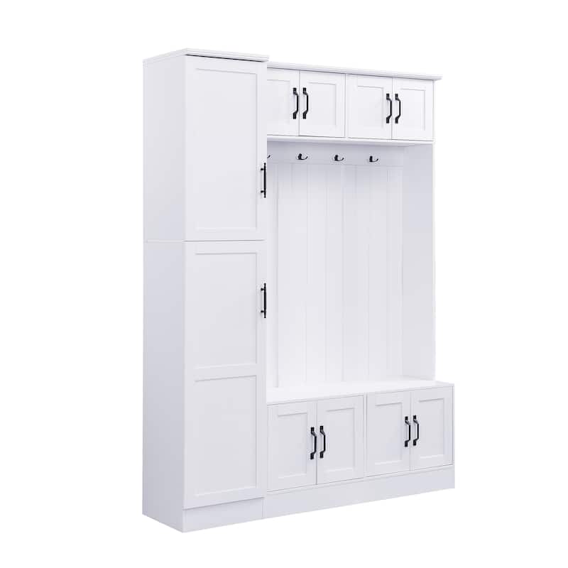 79" Modern Hall Tree with Shoe Storage, 4-in-1 Entryway Bench with 4 Coat Hooks & Adjustable Shelf Mudroom Wood Storage Cabinet
