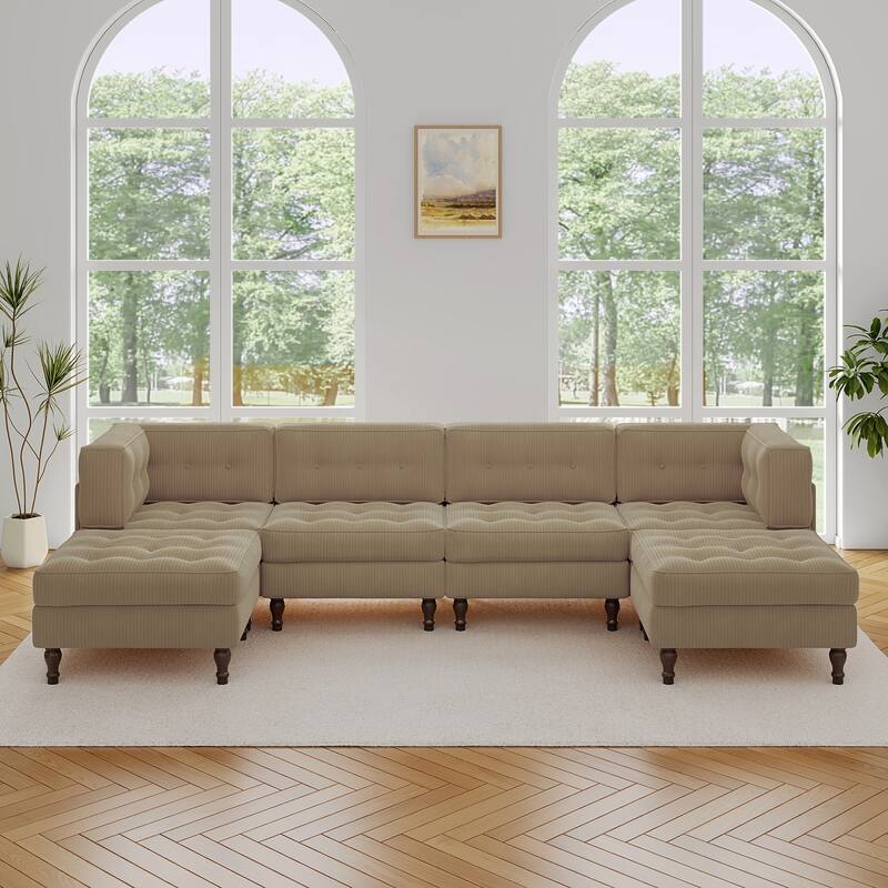 130"W Corduroy Upholstered Modular Sectional Sofa with Storage Ottoman