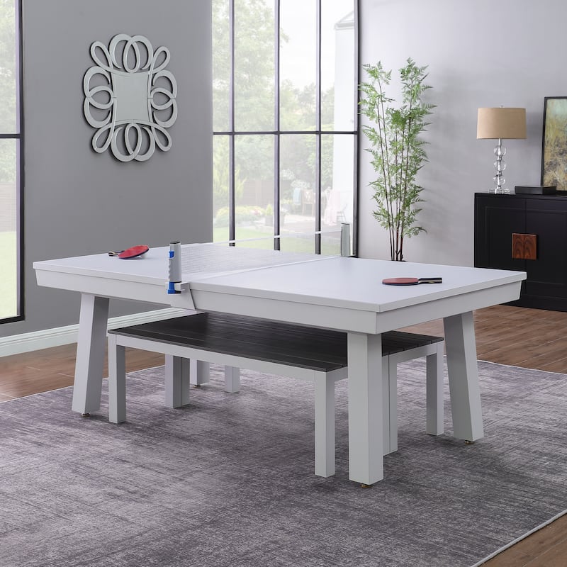 Laguna Indoor/Outdoor 7ft Slate Pool Table Dining Set with 2 Benches & Accessories, White Finish