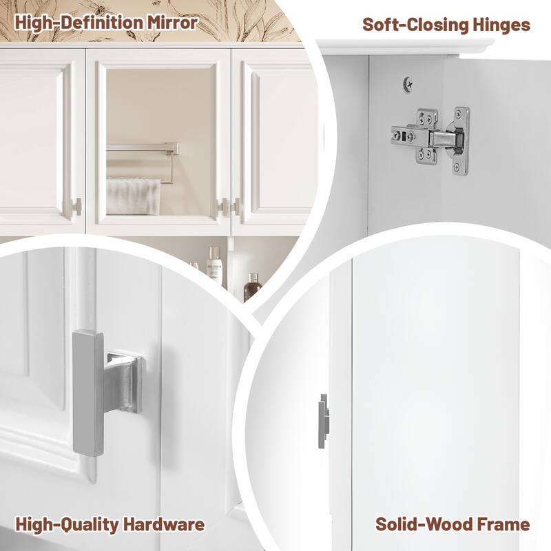 41" Wall Mounted Mirror Medicine Cabinet with Adjustable Shelves, Solid Wood Frame, Bathroom Storage Over Toilet