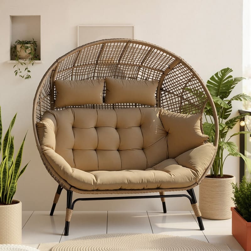 2-Person Papasan-Style Oversized PE Wicker Egg Chair with Cushions, 57.1" Wide, 680-lb Capacity, Indoor/Outdoor