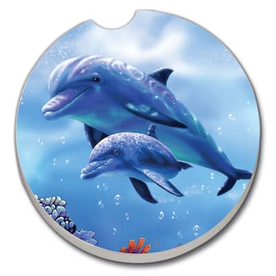 Counterart Absorbent Stoneware Car Coaster, Dolphin With Baby, Set of 2 - 2.5