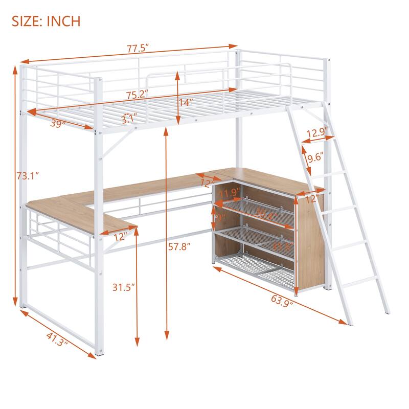 Metal Loft Bed Frame with Versatile L-Shaped Desk and Storage Shelves, Interchangeable Ladder, Space-Saving, Noise Free