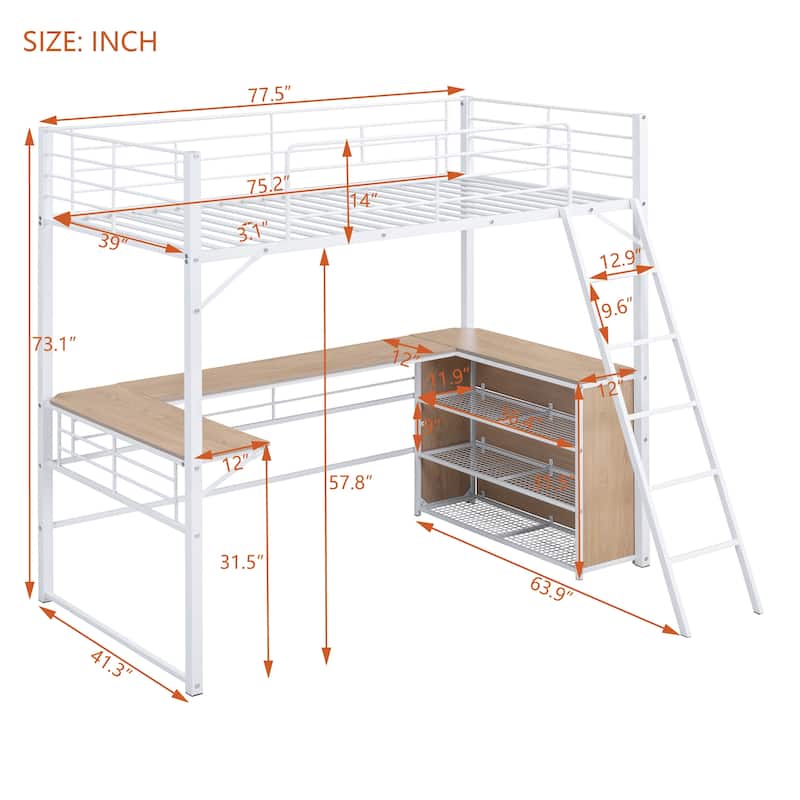 Metal Loft Bed with 3 Layers of Shelves and L-shaped Desk