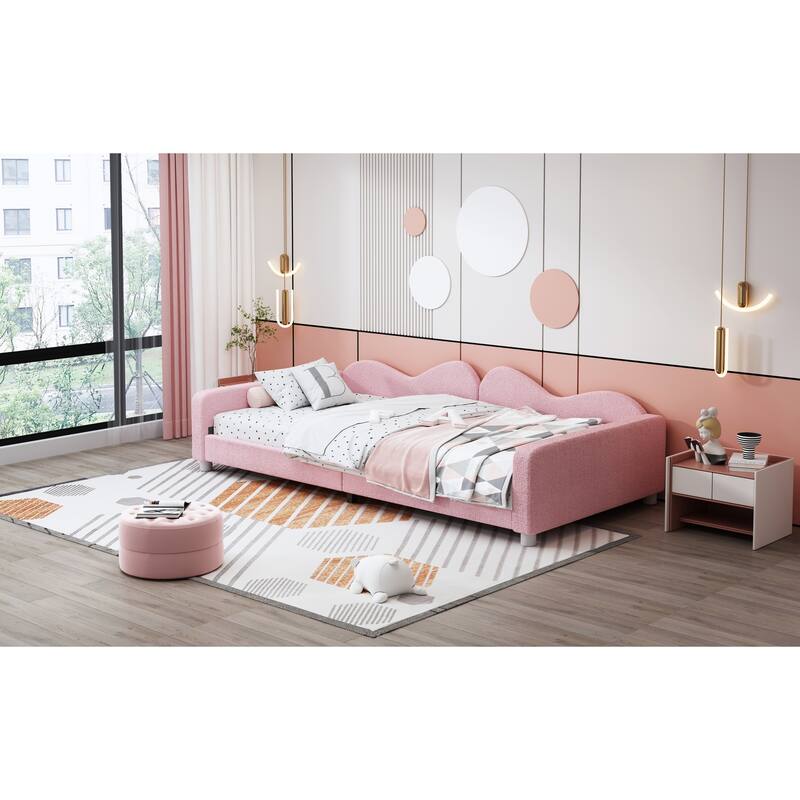Pink Twin Size Sherpa Fabric Upholstered Daybed with Cloud-Shaped Backrest for Bedroom