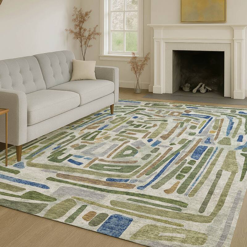 Machine Washable Indoor/ Outdoor Global Geo Chantille Rug