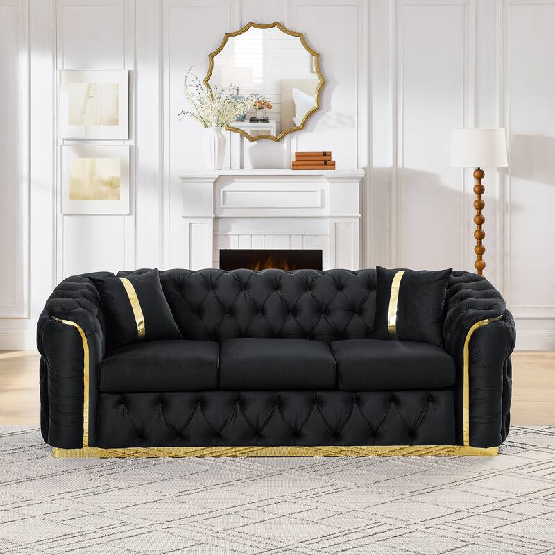 90.6″ Velvet 3-Seater Sofa with 2 Pillows, High-Density Foam & Gold Accents