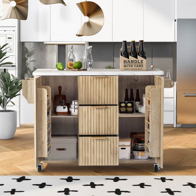 55.5" Fluted Kitchen Island with Drop Leaf and Storage Features Power Outlet and Adjustable Shelves