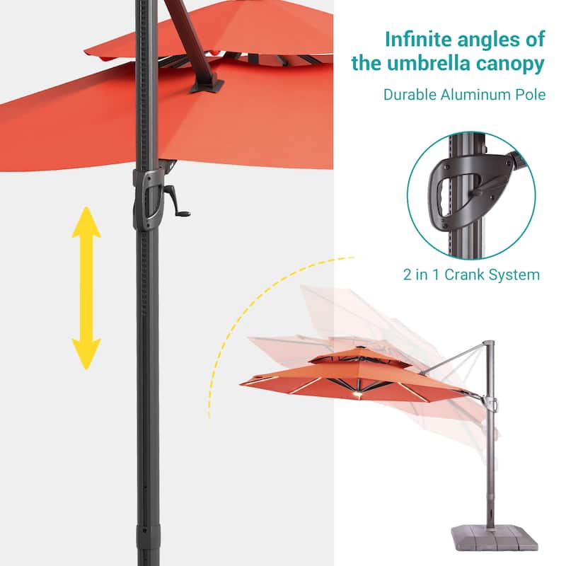 BONOSUKI 11Ft LED Double Top Aluminum LED Cantilever Patio Umbrella with Base for Patio Deck Garden, Red