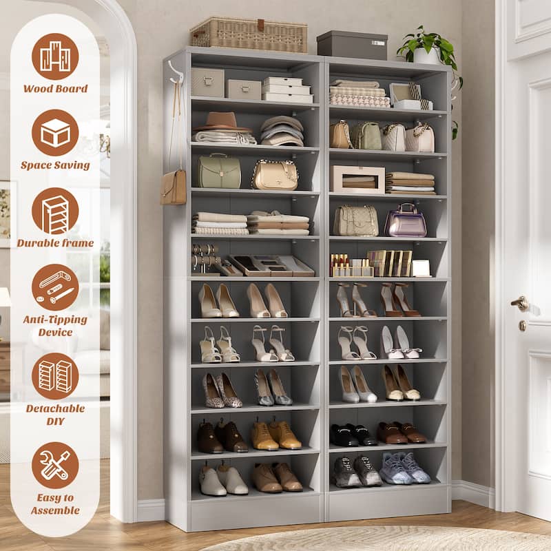 Freestanding 10-Tier Shoe Storage Cabinet,Narrow Wood Shoe Rack Shoe Organizer,Sturdy Closet Organizer Open Display Cabinet