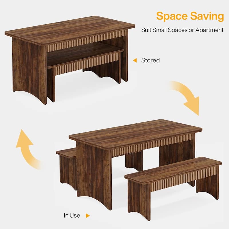 55 Inches Dining Room Table with 2 Benches for 4-6 Peoplefor Kitchen, Dining Room