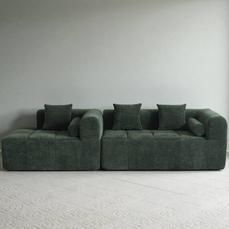 101.2" Modular Sectional Sofa Full-Foam Compressed Couch with Deep Seating Side Pockets Square & Bolster Pillows