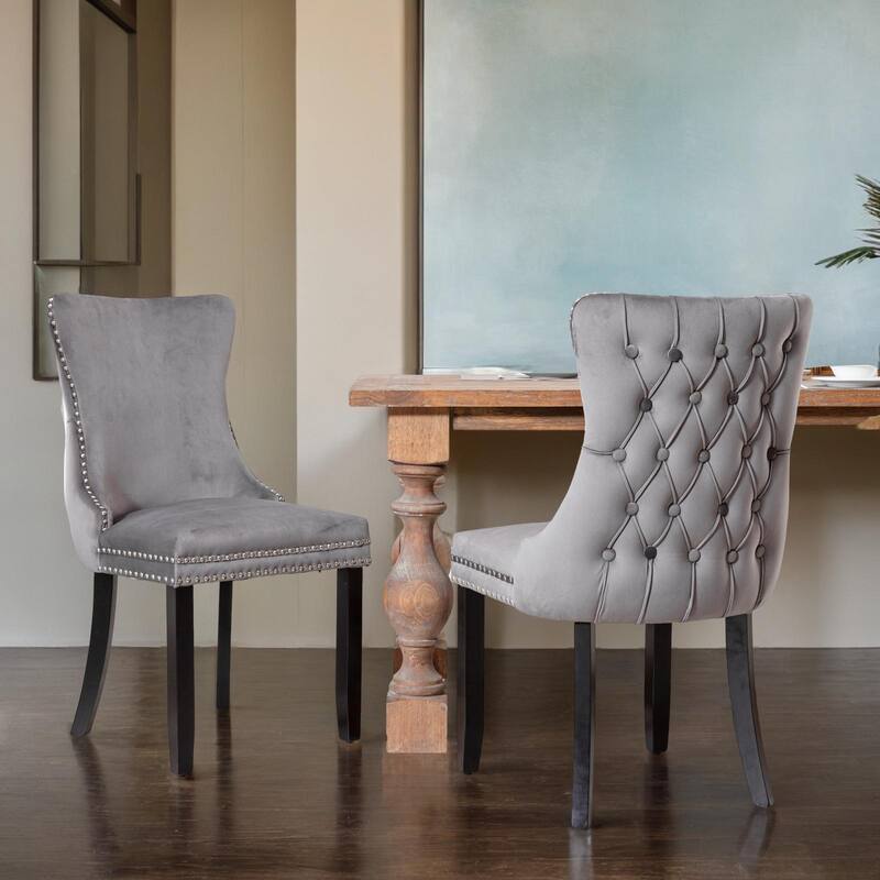 Upholstered Wing-Back Dining Chair with Backstitching Nailhead Trim and Solid Wood Legs,Set of 2 - Gray