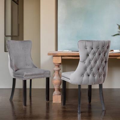 Upholstered Wing-Back Dining Chair with Backstitching Nailhead Trim and Solid Wood Legs,Set of 2