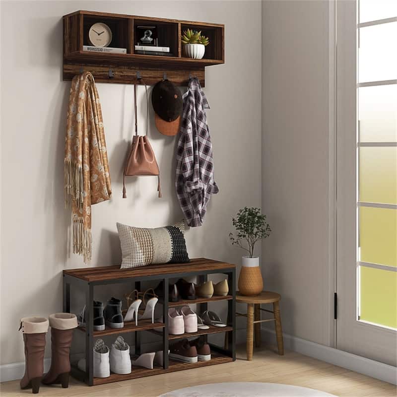 2 in 1 Hall Tree with Shoe Bench and Coat Rack Steel and Particleboard Entryway Organizer with Hooks and Shelves