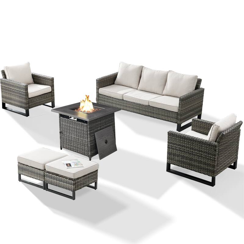 Pati Sofa with Fire Pit Table and Club Chairs