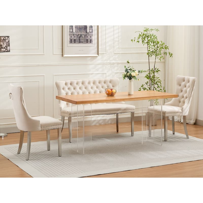 Roomfitters Upholstered Loveseat Bench with Nailhead Trim and Silver Legs, Modern High Back Settee for Dining Room