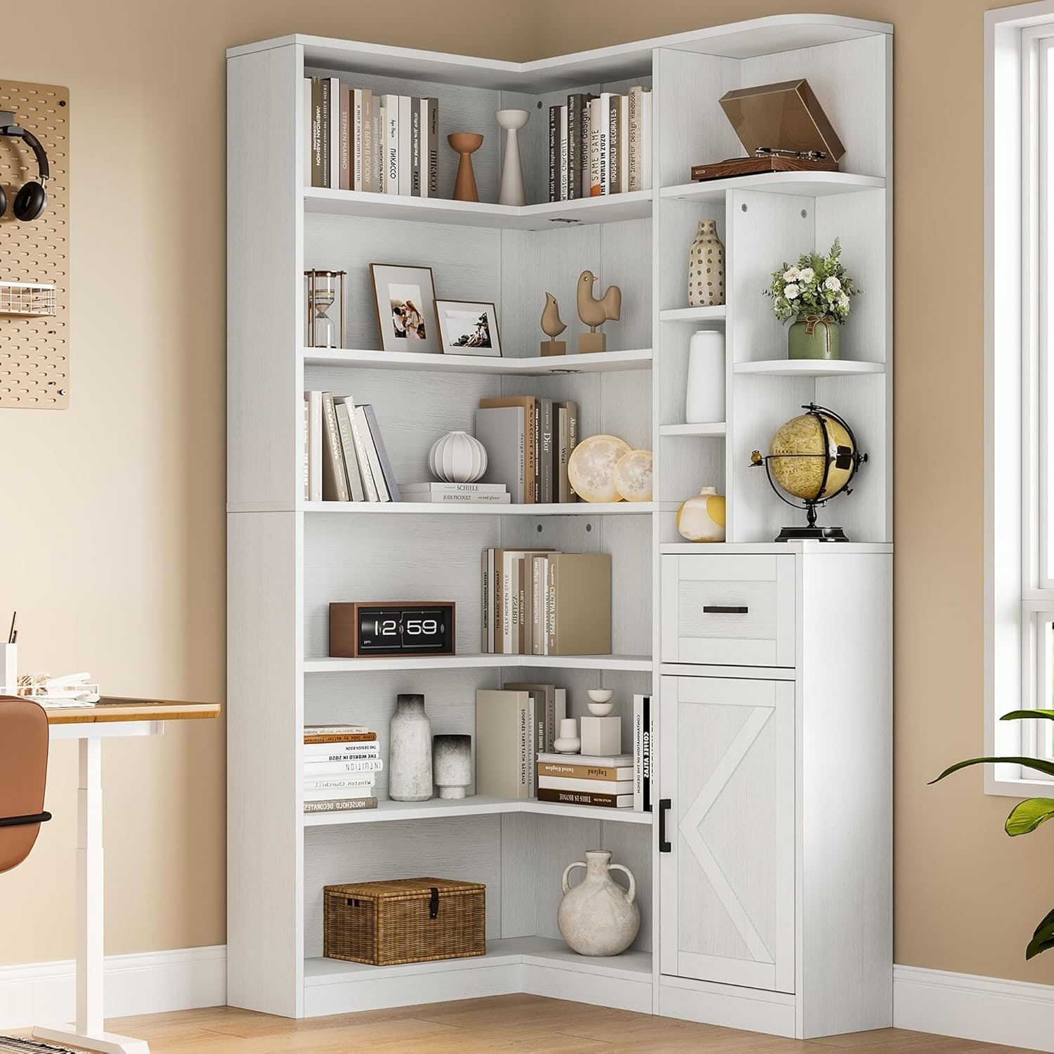 74'' Tall Corner Bookshelf - l-Shaped Bookcase with Drawer & Cabinets, 6-Tier Storage Bookshelf