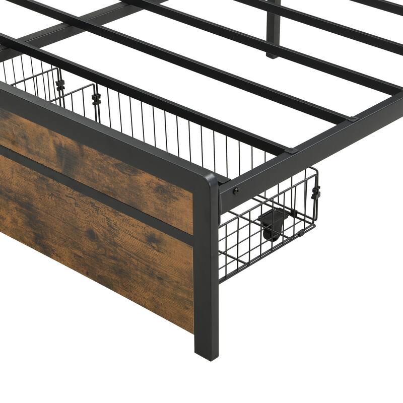Storage Bed Frame with LED Lighting, USB Charging Station, 2 Drawers, No Box Spring Needed, Grey