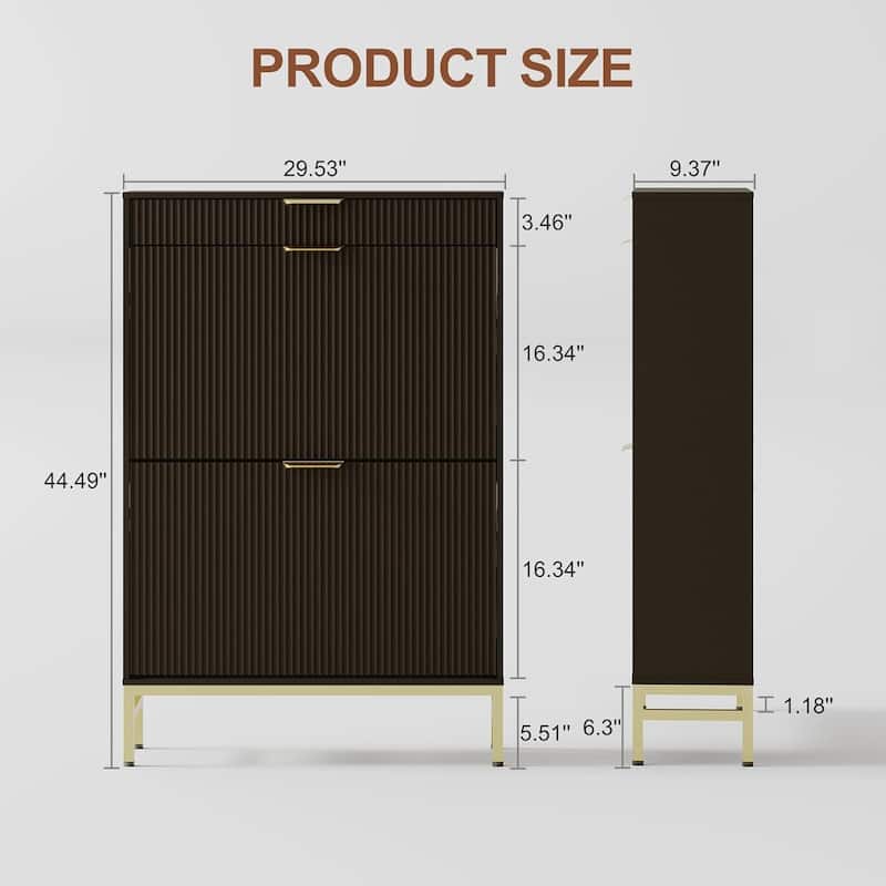 Fluted Shoe Storage Cabinet, Narrow Shoe Organizer with 2 Flip Drawers