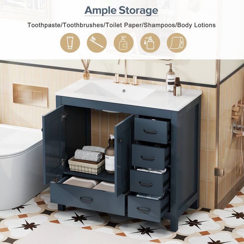 36" Blue Bathroom Vanity with Ceramic Sink Combo, Abundant Storage Cabinet -2 Soft close doors and 5 drawers