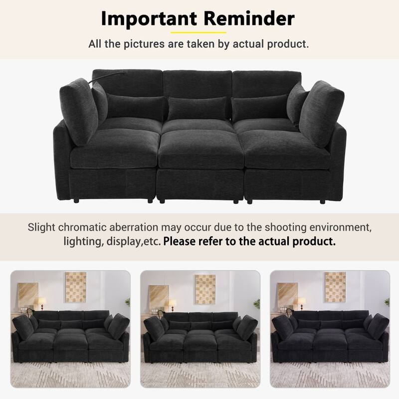 85.4" Modern U-shaped Modular Sectional Sofa with Movable Ottoman and Two USB Ports, Phone Holder