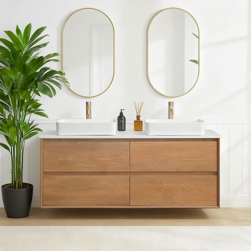 Sylphar 60 inch Toffee Oak Floating Bathroom Vanity with White Quartz Top