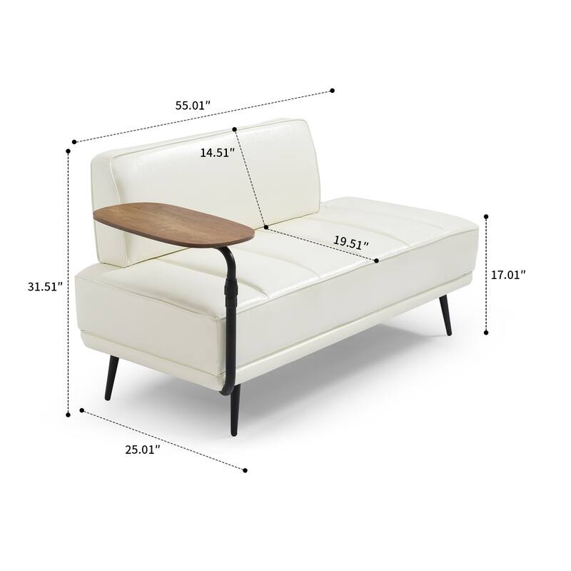 Modern minimalist bench with upholstered backrest and 360-degree swivelling side table, metal legs