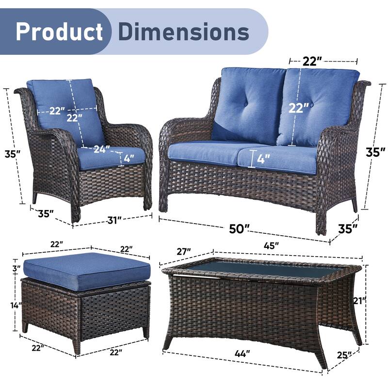 Pocassy 6 Pieces Outdoor 2-Seat Sofa Chairs Table Ottoman