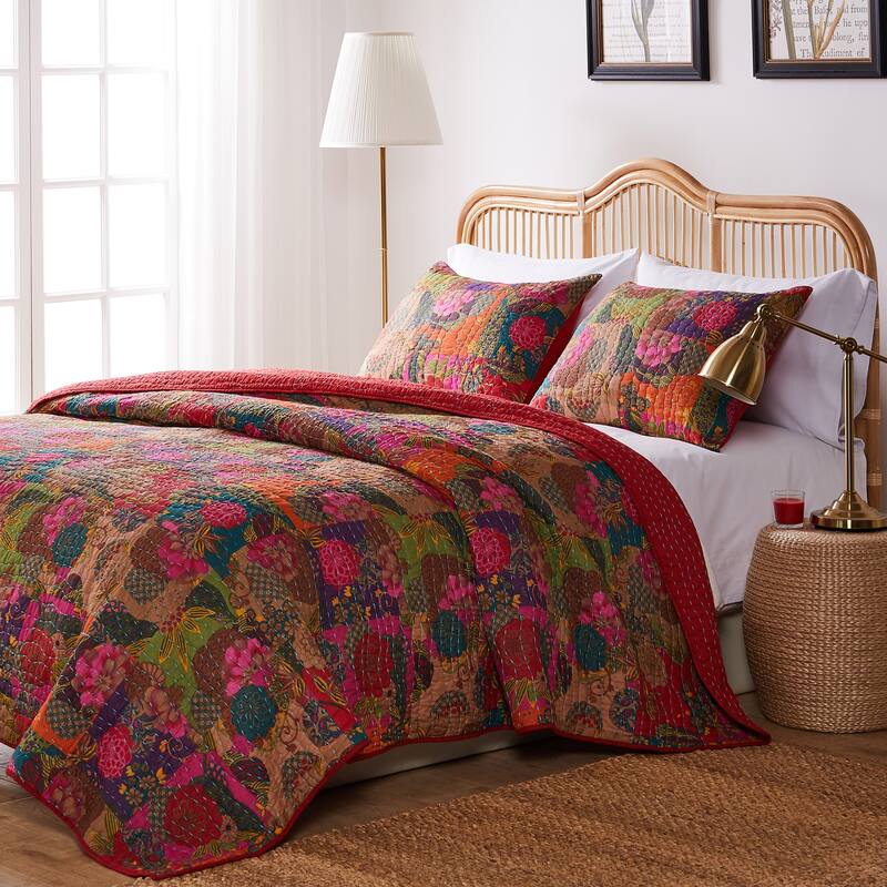 Greenland Home Fashions Jewel 100% Cotton Kantha-Style Boho Floral Quilt Set