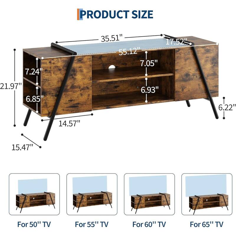 TV Stand, with Adjustable Open Shelves and Slanted Metal Legs