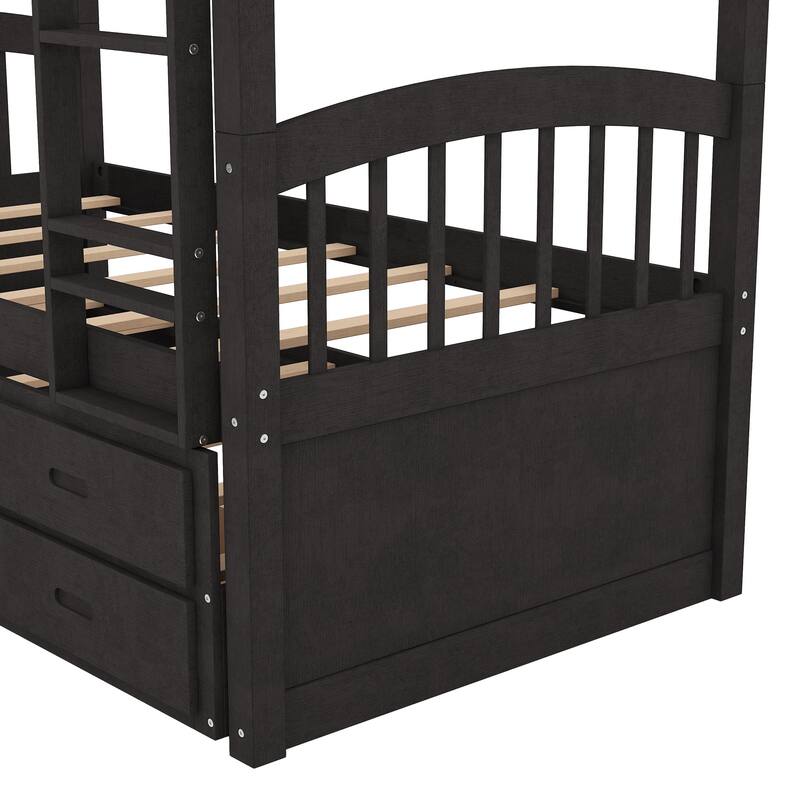 Twin Over Twin Wood Bunk Bed with Trundle and Drawers, Espresso Finish