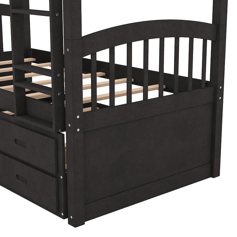 Twin Over Twin Wood Bunk Bed with Trundle and Drawers