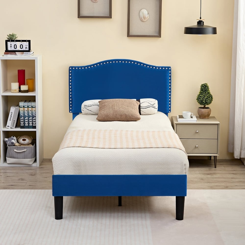 Javlergo Velvet Upholstered Bed Frame with Adjustable Headboard & Nailhead Trim Heavy-Duty Frame with Center Support Leg