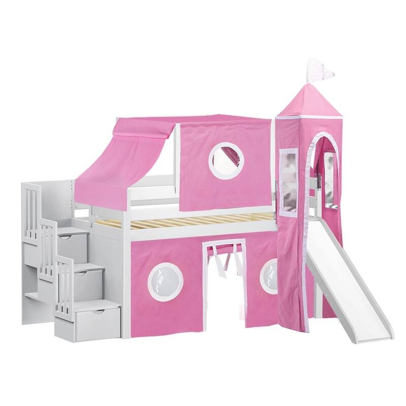 JACKPOT Prince & Princess Low Loft Twin Bed, Stairs Slide Tent & Tower