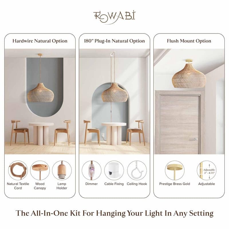 Kloe Brown Rattan Pendant Light – Handwoven Ceiling Light Fixture for Dining Room, or Bedroom in Boho & Coastal Style