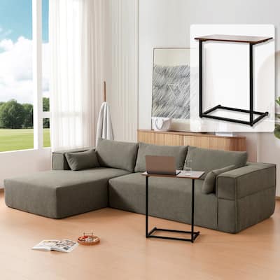 112" Grayish Green Boucle Modular Sofa, Compressed, No Assembly, Free Side Table & 2 Pillows