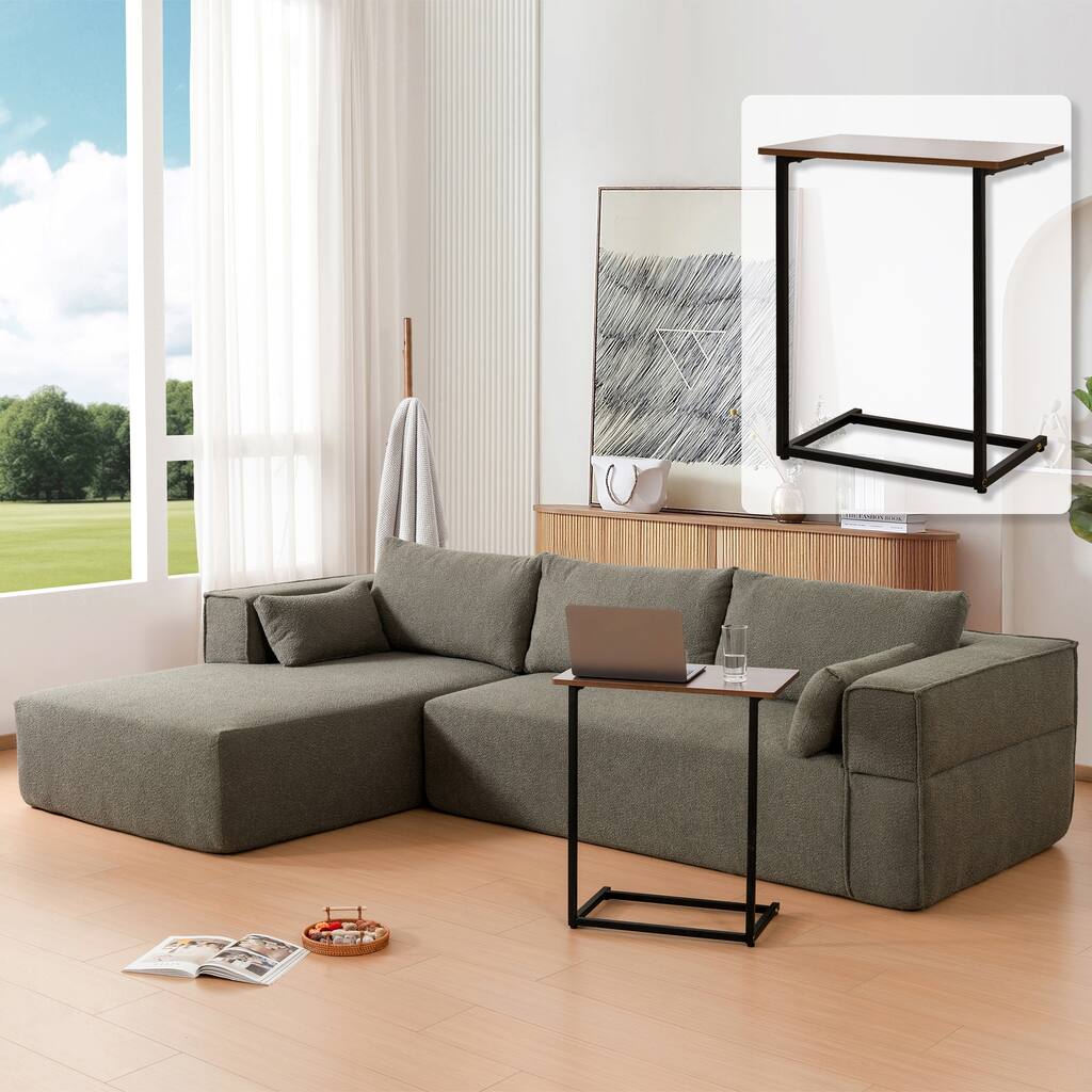 112" Grayish Green Boucle Modular Sofa, Compressed, No Assembly, Free Side Table & 2 Pillows