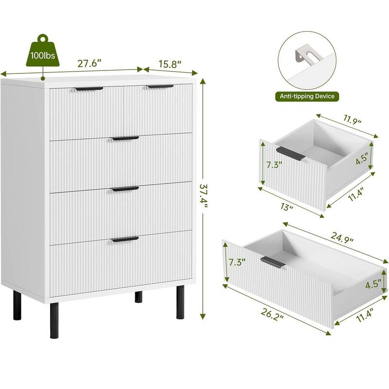 Fluted 5 Drawer Dresser for Bedroom Hallway Entryway