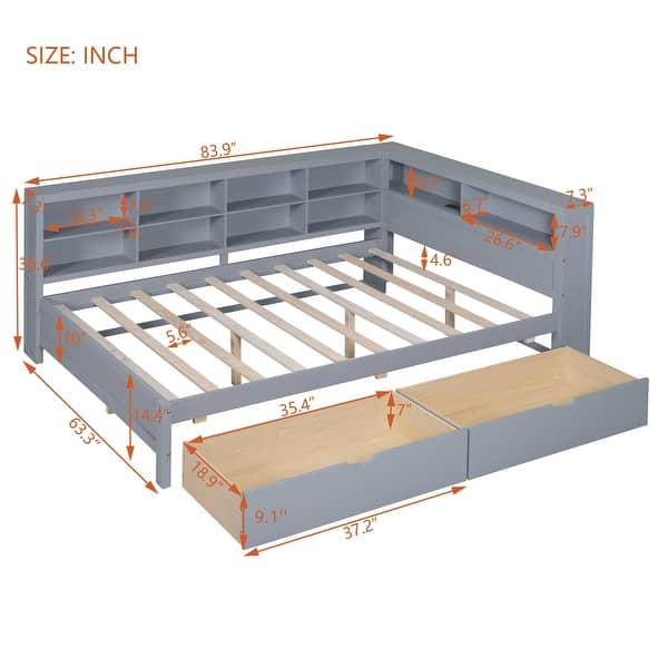 dimension image slide 3 of 5, USB Ports on L-Shape Storage Headboard Bed Frame, Wooden DayBed Sofa Bed, Wooden Slat Platform Bed with 2 Drawers