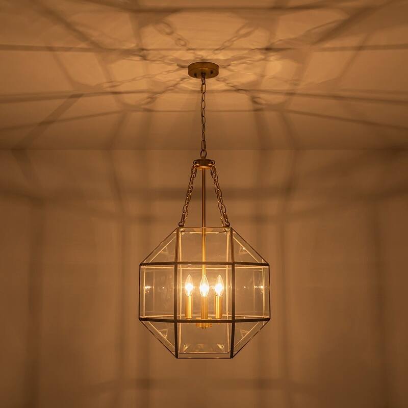 Modern 3-Light Polygonal Cube Clear Glass Metal Lantern Chandelier - 18.1in