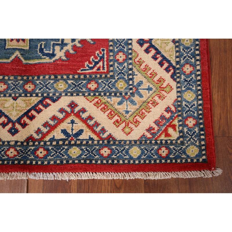 Geometric Kazak Accent Rug Hand-Knotted Red Wool Carpet - 3'3" x 4'9"