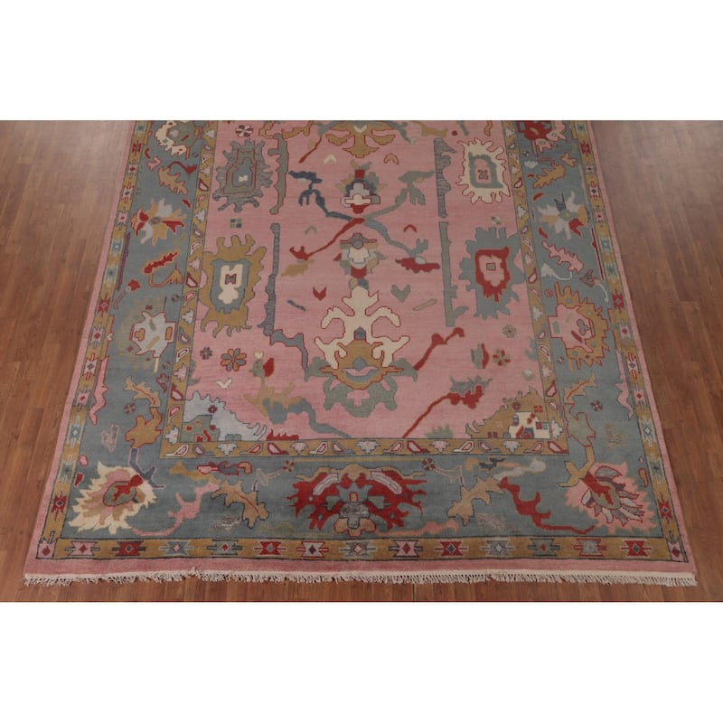 Pink Oushak Area Rug Handmade Transitional Floral Wool Carpet - 9'0"x 12'0"