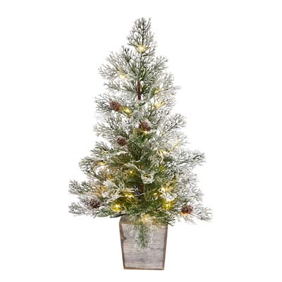 2' Frosted Pre-Lit Christmas Tree with Pinecones in Decorative Planter - 24