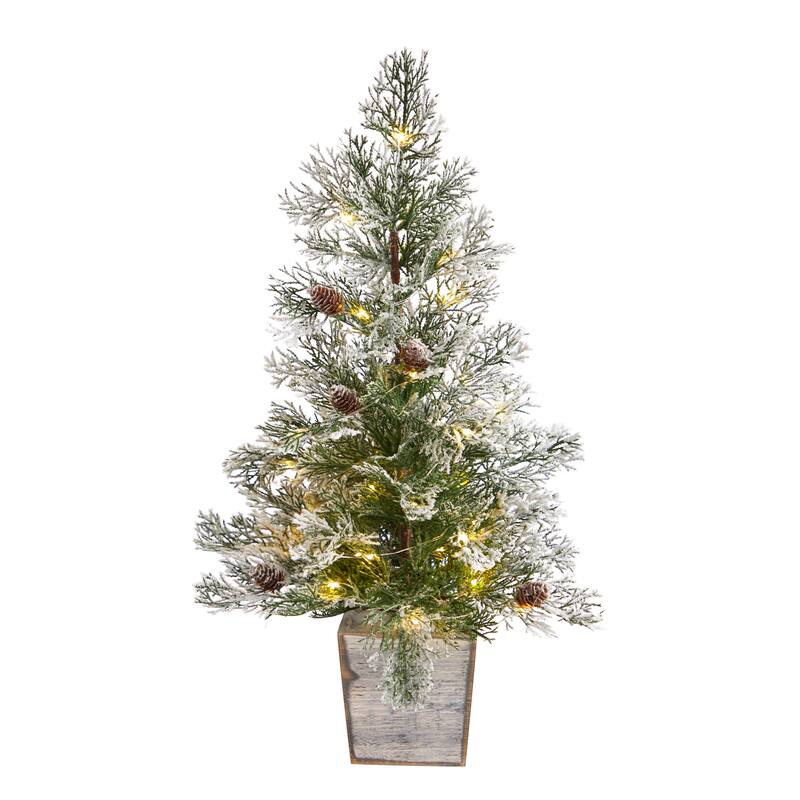 2’ Pre-Lit Frosted Artificial Christmas Potted Tree with Pinecones, Clear Lights - 2 Foot