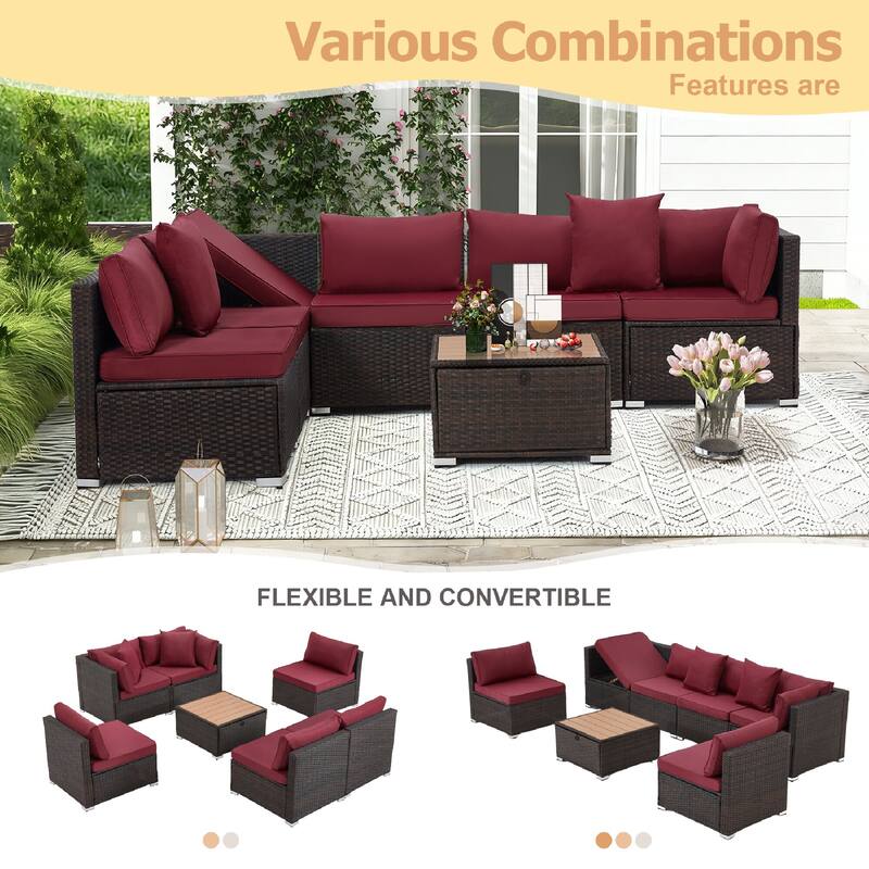EROMMY 6/7 Piece Modular Outdoor Rattan Sofa Set, All-Weather Wicker Patio Furniture with Storage Table, Cushions & Pillows