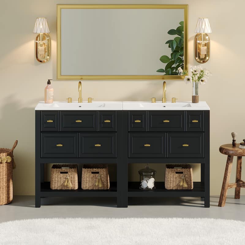 60'' Bathroom Vanity With Ceramic Sink Combo, Free Standing Single Vanity Set With 5 Drawers,Solid Wood FrameStorage Cabinet