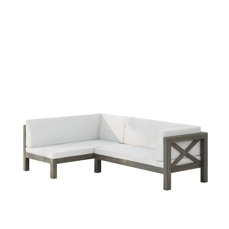 Roomfitters Outdoor Sectional Sofa Right Corner Bench with X-Back Acacia Wood Frame and Cushions - Grey+White