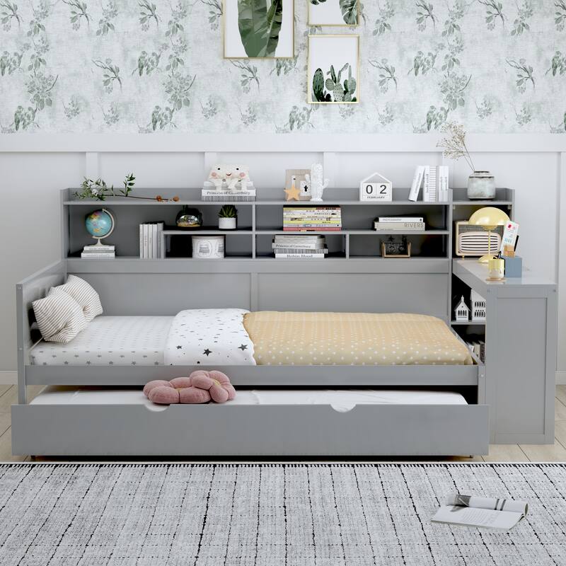 Wooden Twin/Full Size Daybed with Trundle Bed, Multi-functional Corner Platform Sofa Bed Frame with Storage Headboard and Desk - Gray - Full